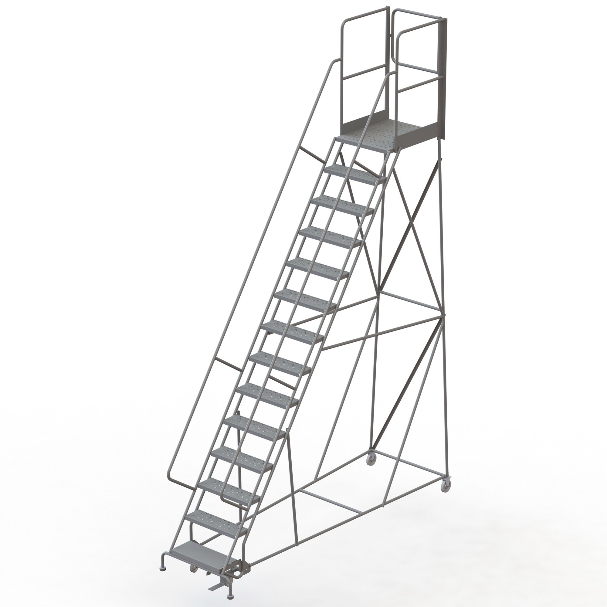Tri-Arc 14-Step Steel Rolling Ladder with Perforated Steps and Rear Exit Gate — Gray, 24in.W x 30in.D Platform, 450-Lb. Capacity, Model# RWSR114246-XR